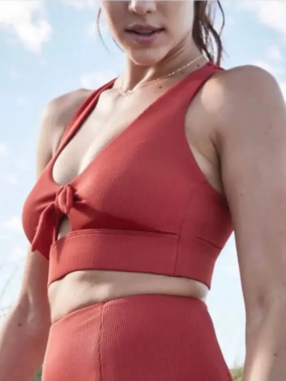 CALIA Ribbed Tie-Front Racerback Red Swim Bikini Top Size Small